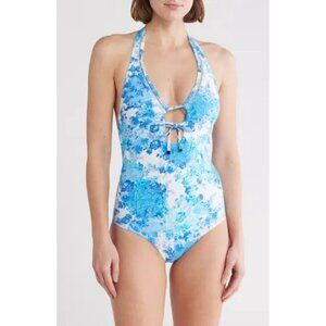 NWT SEA LEVEL Daisyfield Keyhole Halter One-Piece Swimsuit Blue Floral 6